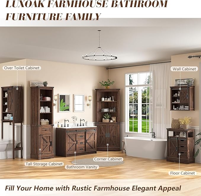 60" Farmhouse Bathroom Double Vanity Sliding Barn Door with Sink Combo, Freestanding, Bathroom Vanity Cabinet with Drawers & Metal Handles, Reclaimed Barnwood