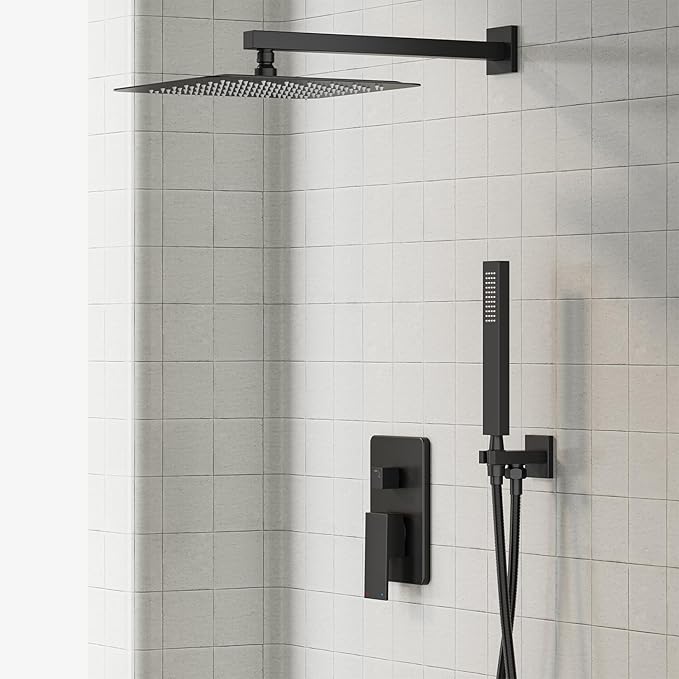 Gabrylly Black Shower Faucet Set, All Metal Rain Shower System with 12” Rain Shower Head, Shower Head with Handheld Combo,Shower Valve Include, Matte Black