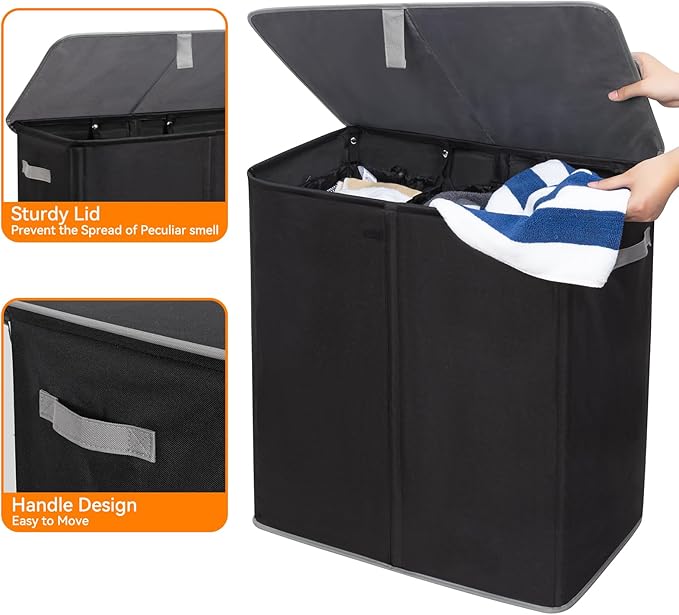 WOWLIVE Laundry Hamper with Lid,160L Large Laundry Basket 3 Section with Removable Washing Bags,Collapsible Waterproof Dirty Clothes Hamper for Laundry Room Bathroom Dorm,Black