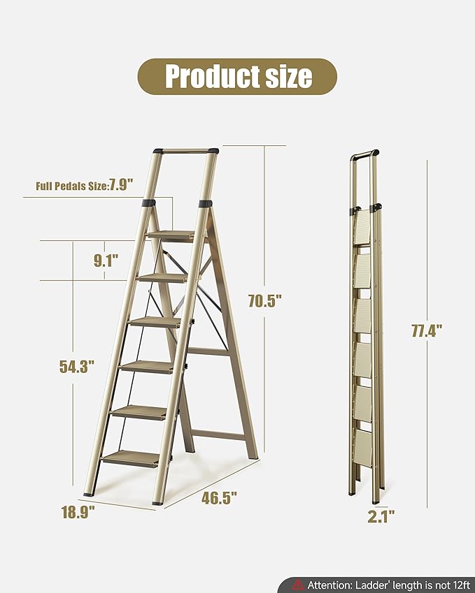 6 Step Ladder, Folding Step Stool with Handgrip and Anti-Slip Wide Pedal, Portable Lightweight Aluminum Stepladder for Kitchen, Home, Library, Office (300 lbs Capacity) - Gold