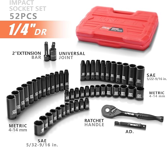 LLNDEI 1/4”Drive Impact Socket Set, 52 PCS Mechanic Tool Set with 72-Tooth Ratchet & Adapter, CR-V, Metric and SAE Sockets Storage Kit for Household Automotive Repair DIY Project