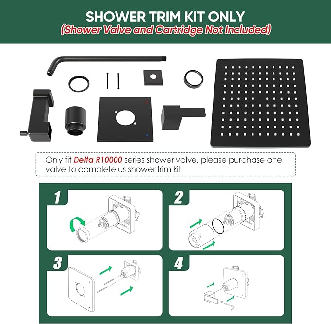 Replacement for Delta Faucet Shower Trim Kit 14 Series, Matte Black Bathtub Shower Faucet Set, 10-Inch Black Shower Head and 16-Inch Shower Arm Combo(Valve/Cartridge Not Included)