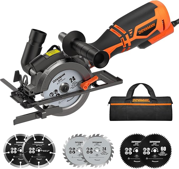 Circular Saw, 5.8A 4-1/2" Circular Saw w/Laser, Metal Auxiliary Handle, 6 Blades (4½", 4¾"), Cutting Depth 1-11/16" (90°), 1-3/8" (45°), Ideal for Wood, Soft Metal, Plastic, Tile - MCS01A