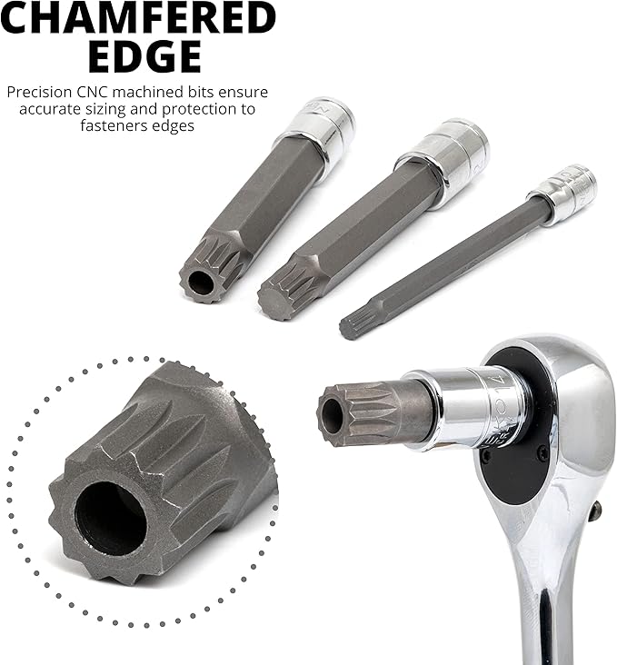 NEIKO 10057A XZN Triple Square Bit Set, 20-Piece, Extra Long 4" Spline Socket, 4mm to 18mm, 12 Point Tamperproof, Square Drive, S2 & Cr-V Steel