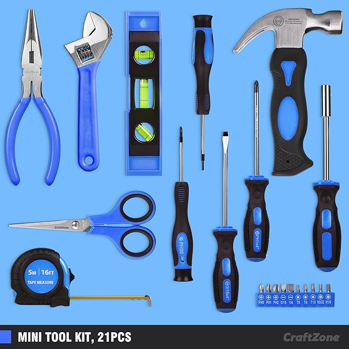 Tool Kit Portable,Basic Hand Tool Set 21Pcs with Pouch,Tool Bag for Home|Dorm|Office|DIY|Classroom,Blue