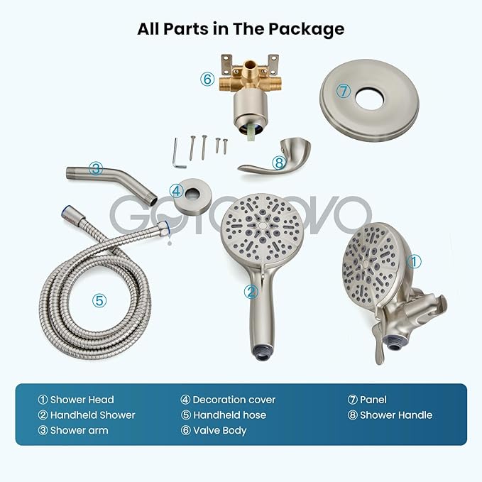 gotonovo Shower Valve and Trim Kit 2 in 1 Shower Head and Handle Set System Bathroom Shower Faucet Set 3 Modes Various Combinations High Pressure with Rough-in Valve Brushed Nickel