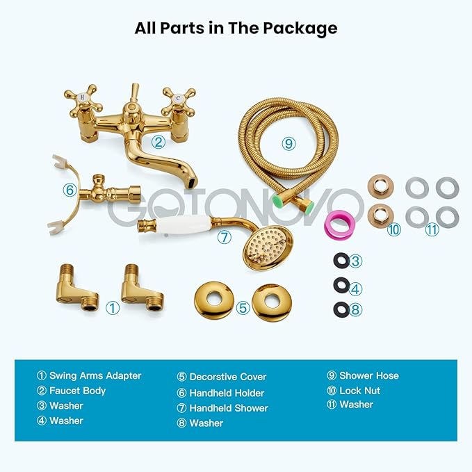gotonovo Clawfoot Bathtub Faucet Tub Filler with Hand Held Shower Faucet Set Victorian Double Cross Handle 6 Inch Center Adjustable Swing Arms Tub Mount Short Adapter Polished Gold