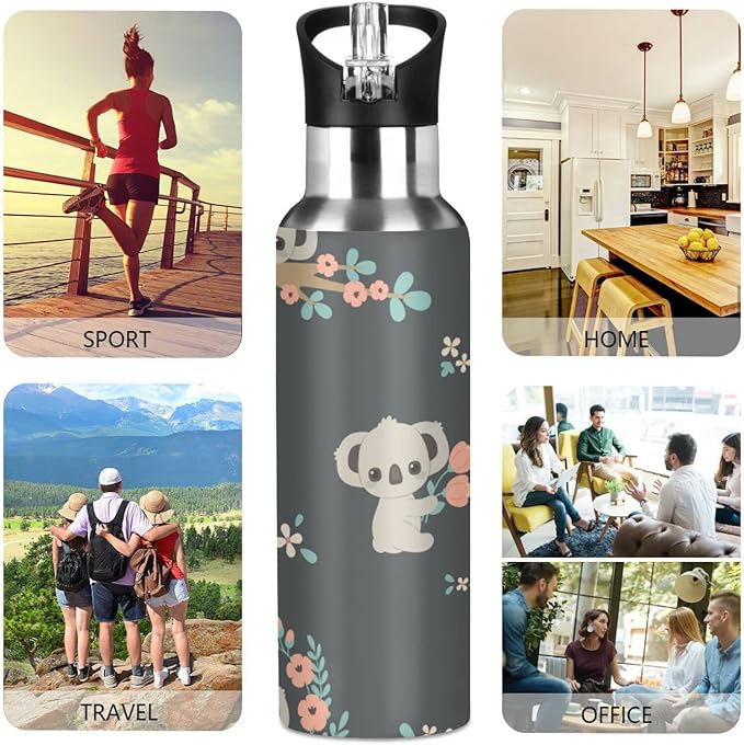 senya 34 Oz Water Bottle with Straw Koala and Flowers Stainless Steel Water Bottle for Traveling Sports Leakproof Insulated Water Bottle