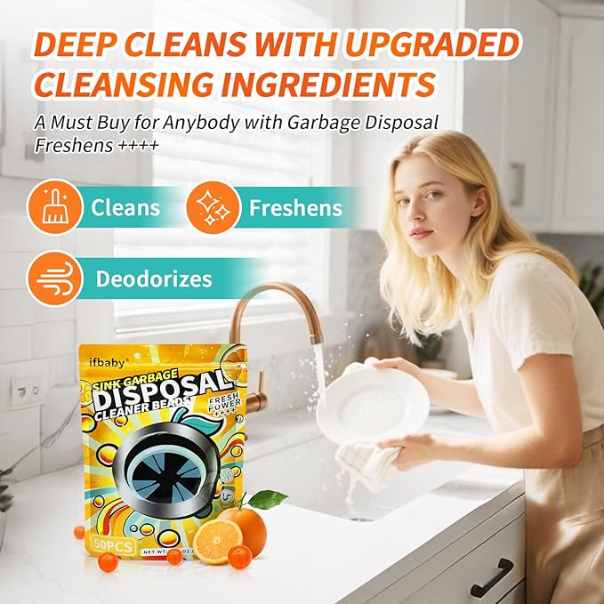 50 Count Garbage Disposal Cleaner and Deodorizer – Sink Odor Eliminator, New Powerful XL Sink Drain Freshener Pods | Dissolves Grease, Eliminates Odors, Orange Zest Scent (Orange)