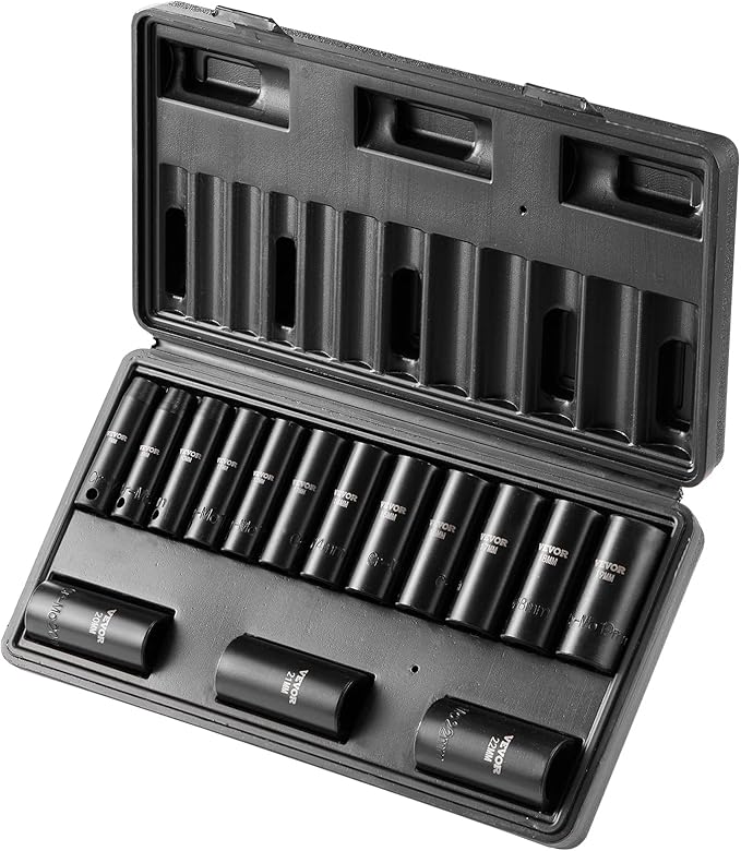 VEVOR 3/8" Drive Impact Socket Set, 15 Piece Deep Socket Set Metric 8-22mm, 6 Point Cr-Mo Alloy Steel for Auto Repair, Easy-to-Read Size Markings, Rugged Construction, Includes Storage Case