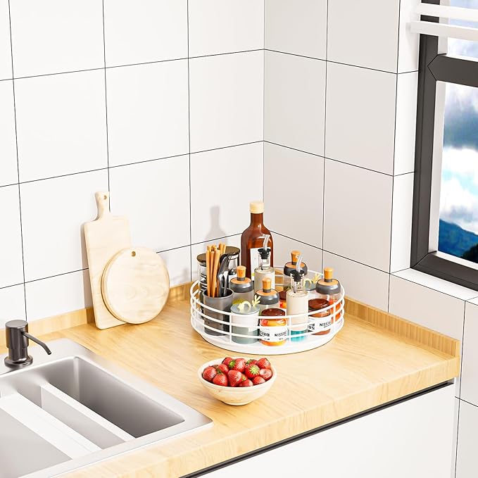 Snack Organizer - Versatile Snack Storage, Lazy Susan with Convenient Grab-and-Go Design, Metal Snack Holder for Home, Office, Breakroom, 11.85" L x 11.85" W x 4.17" H (White)