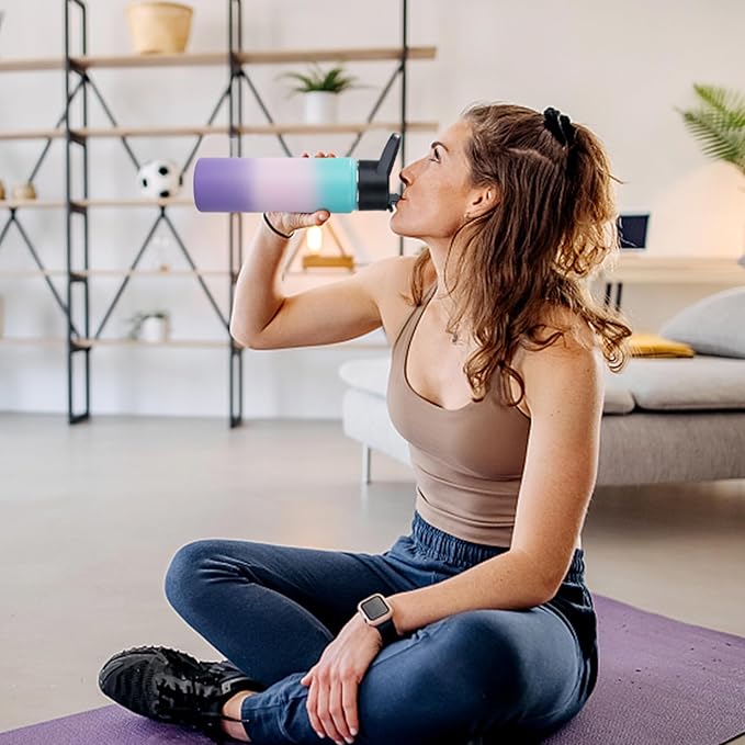 Stainless Steel Water bottle with Straw & Wide Mouth Lid, Wide Rotating Handle, 24oz Double Wall Vacuum Insulated Water Bottle Leak Proof, BPA Free, Keep Cold and Hot, 24oz, Purple Gradient