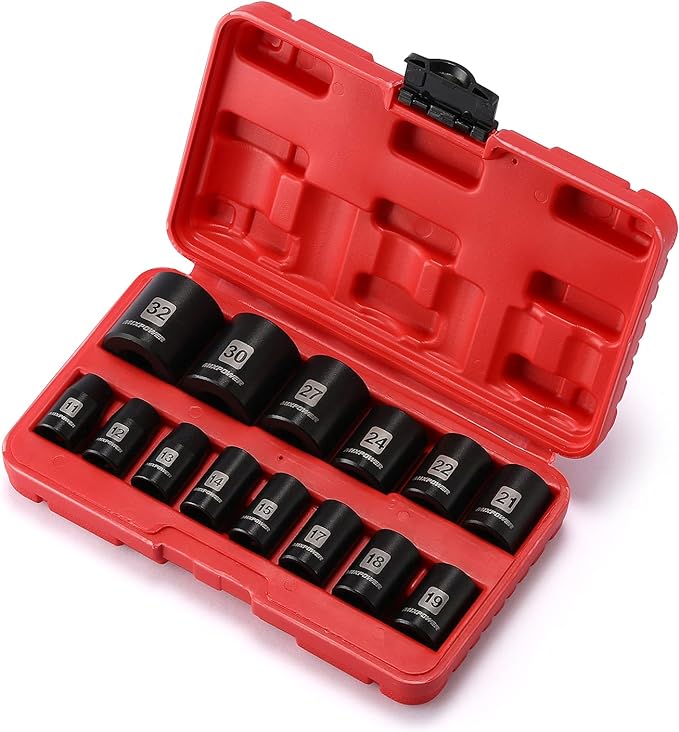 MIXPOWER 14 Pieces 1/2-Inch Drive Shallow Impact Socket Set, 11-32mm, CR-V, Metric, 6 Point, Shallow, 14 Pieces 1/2" Dr. Shallow Socket