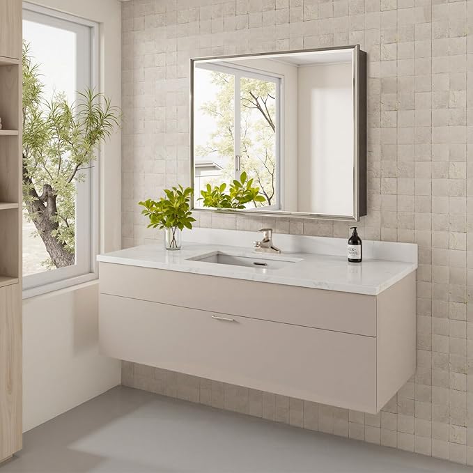 30''x 26'' Brushed Nickel Medicine Cabinet, Recessed or Surface Framed Medicine Cabinet with Beveled Mirror Pre-Assembled, Reversible Bathroom Storage Vanity Cabinet with Adjustable Shelves