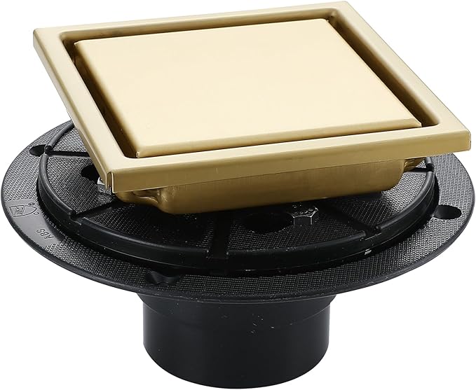 4 Inch Gold Shower Drain, SUS304 Stainless Steel Square Bathroom Floor Drain with Flange Reversible 2-in-1 Cover Insert Tiles for Filtering, Brushed Gold