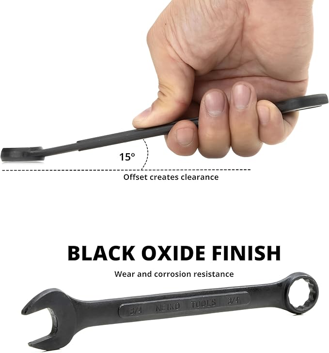 NEIKO 03582A Combination Wrench Set, 12 Pc Raised Panel Combo Wrenches Set, Metric and Standard, Black Oxide Drop Forged Carbon Steel, Mechanic Open End Wrench Set, Small Box End Wrench Set SAE & MM