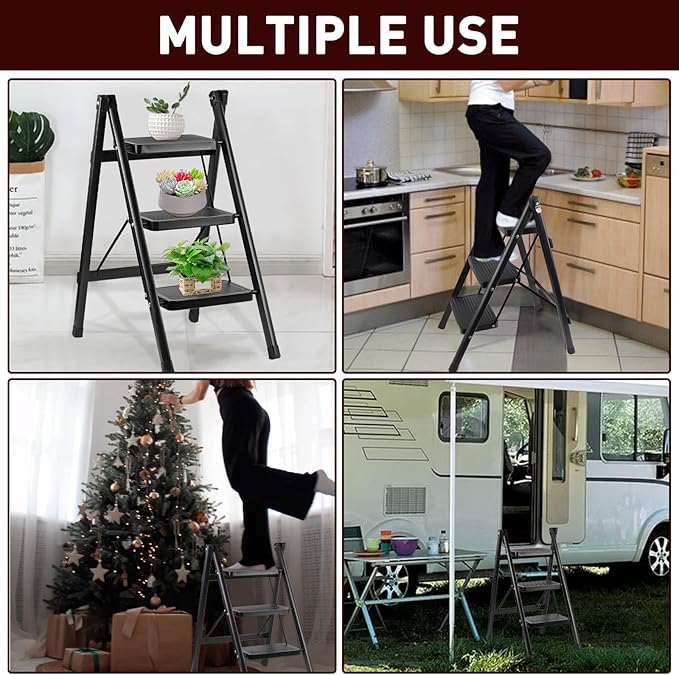 3-Step Ladder, Folding Step Stool for Kitchen/Closet/Garage, Sturdy & Lightweight Aluminum Handy Ladder, 250 lbs Capacity, Anti-Slip Pedals, Compact & Portable for Home DIY & Everyday Tasks