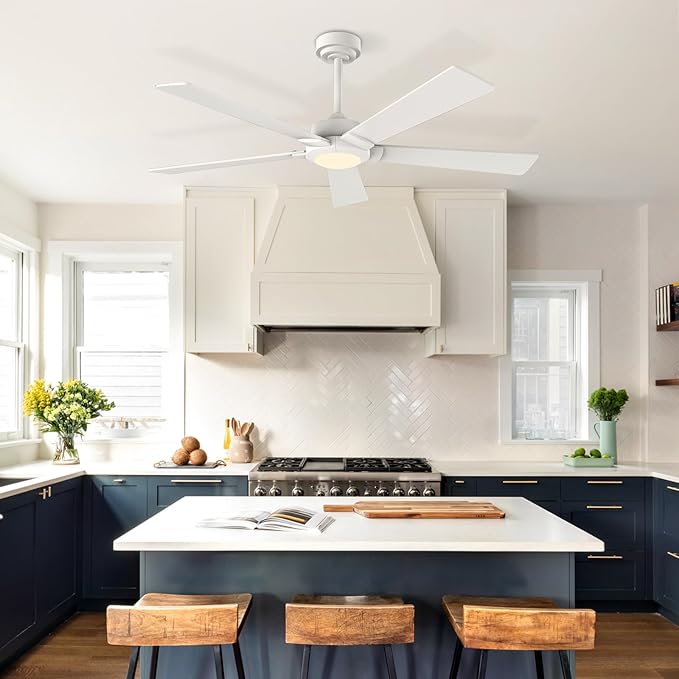 GESUM 52 In Ceiling Fan with Light, Outdoor Ceiling Fan with 5 Reversible Blades, 6 Speeds, Dimmable, 3CCT, Modern Smart Ceiling Fan with Remote/App Control for Patio Kitchen Bedroom (White)