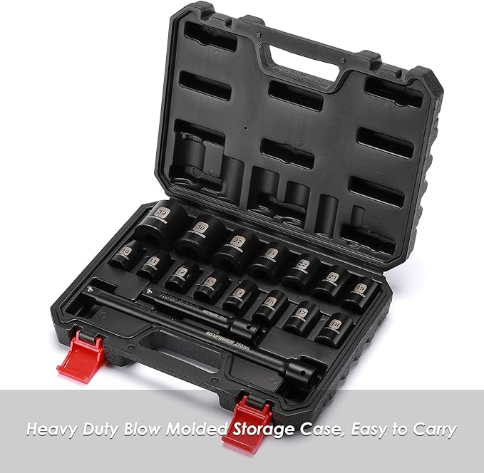 MIXPOWER 17 Pieces 1/2-Inch Drive Shallow Impact Socket Set, Includes 10mm to 32mm, 5", 10" Extension bars, CR-V, 6 Point Metric Socket Set