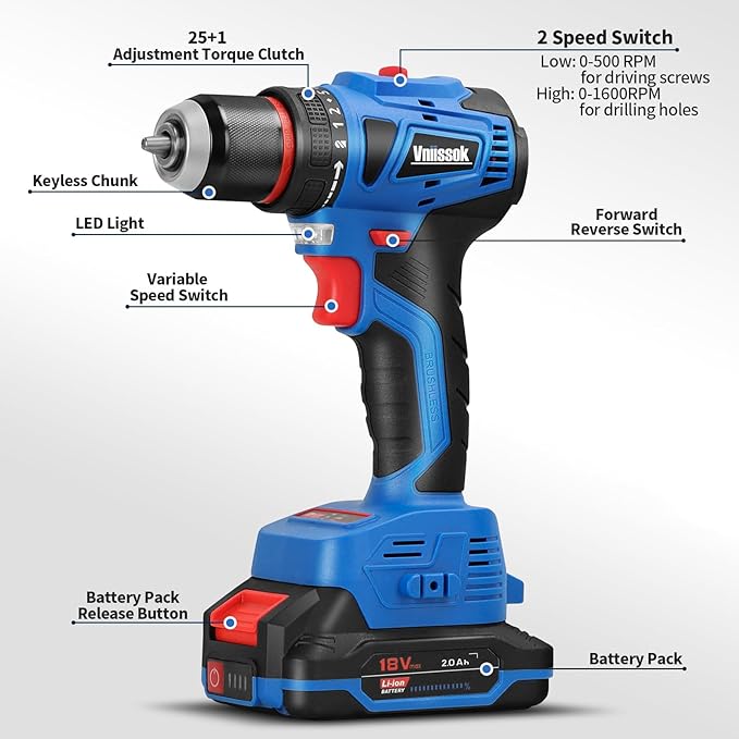 Cordless Drill Set,18V Brushless Power impach driver with Battery and Charger, 3/8" Keyless Chuck, Variable Speed, Drill Driver Bits Kit for Drilling and Tightening/Loosening Screws