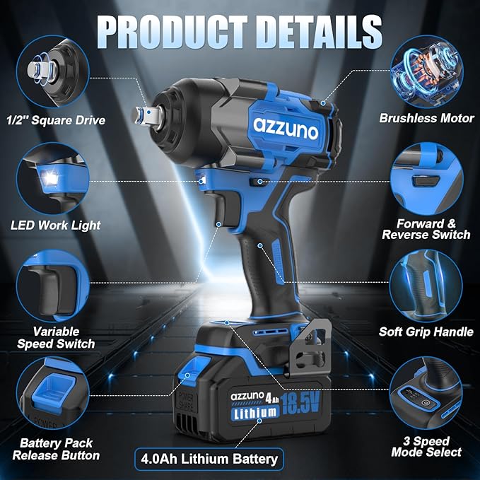 AZZUNO Impact Wrench Max 737 Ft-lbs(1000N.m) 1/2 inch Brushless High Torque Electric Impact Wrench, Powerful Cordless Impact Driver with 2x4Ah Batteries, 4 Sockets and Charger for Home Car Truck Tire