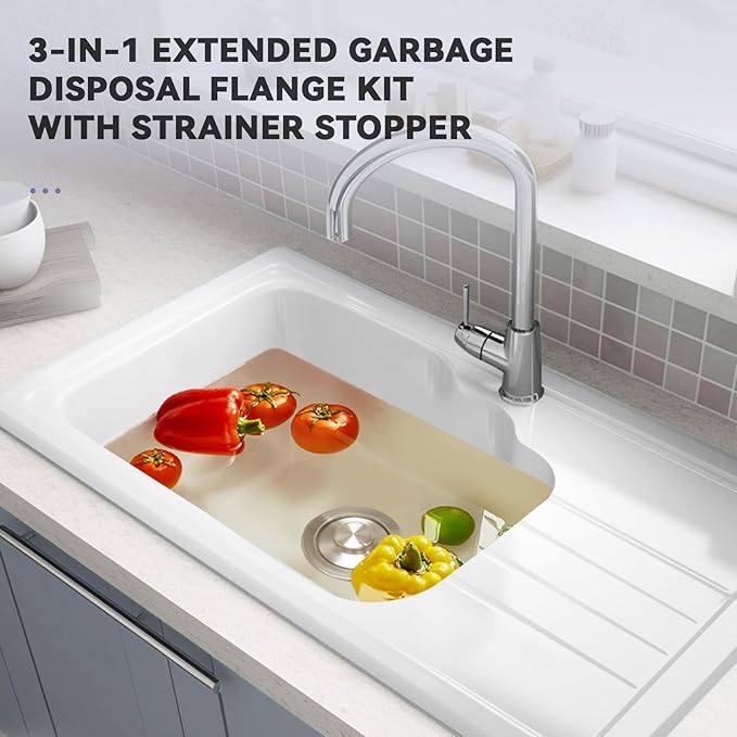 KONE Extended Garbage Disposal Flange with Strainer and Stopper, Deep 304 Stainless Steel Kitchen Extended Sink Flange for 3-1/2 Inch Standard Sink Drain, Convenient for Water Storage and Drainage