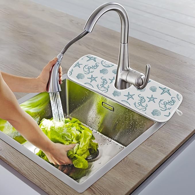 Coastal Starfish Shell Faucet Water Catcher Mat 2 Pack Seashell Ocean Nautical Theme Drying Mat Absorbent Bathroom Faucet Handle Drip Catcher Tray Bar RV Kitchen Sink Splash Guard 30x5 Inches