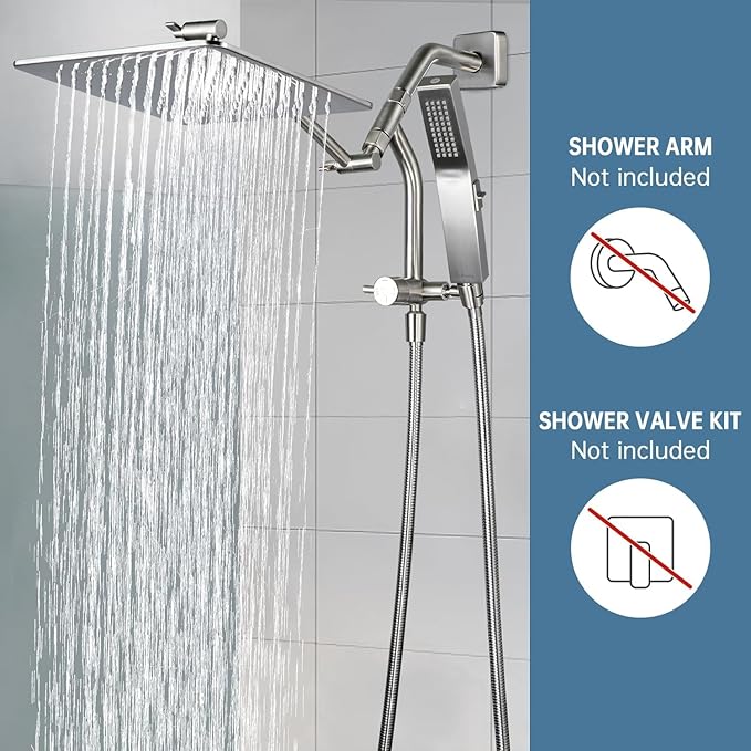 G-Promise All Metal 12 Inches Rain Shower Head with Handheld Built-in Power Wash Mode, 3-way Diverter with Pause Setting, 11 Inches Adjustable Extension Arm with Lock Joint, Long Hose (Brushed Nickel)