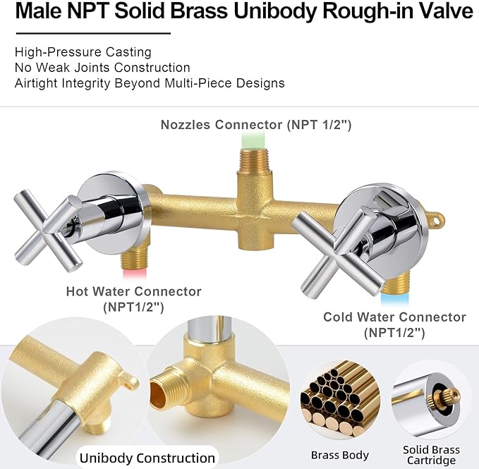 2 Handles Shower Faucet Set,Two Handles Shower Faucet Set with 3 Modes Rainfall Shower Head,2 Knobs Single Function Wall Mounted Shower Trim Kit with Rough-in Valve,Chrome,1A1MK-W