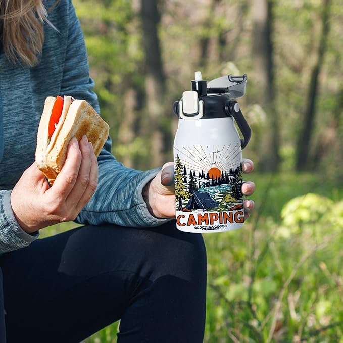 PYD Life 3 Pack Sublimation Water Jugs Bottles Vacuum Flasks White Blanks 32 OZ with Portable Sippy Up Lid and Straw Large Stainless Steel Travel Tumblers Cups Mugs for Tumbler Heat Press Printing