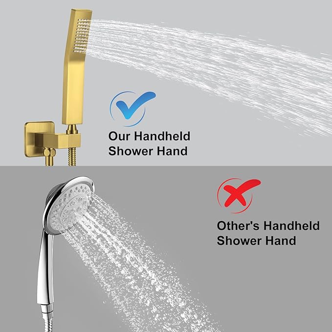 NERDON Shower System, 12 Inch Brushed Gold High Pressure Shower Head with Rain Handheld Combo Set, Ceiling Mounted Dual Shower Head System, Bathroom Shower Faucet Set Rough-in Valve Body and Trim