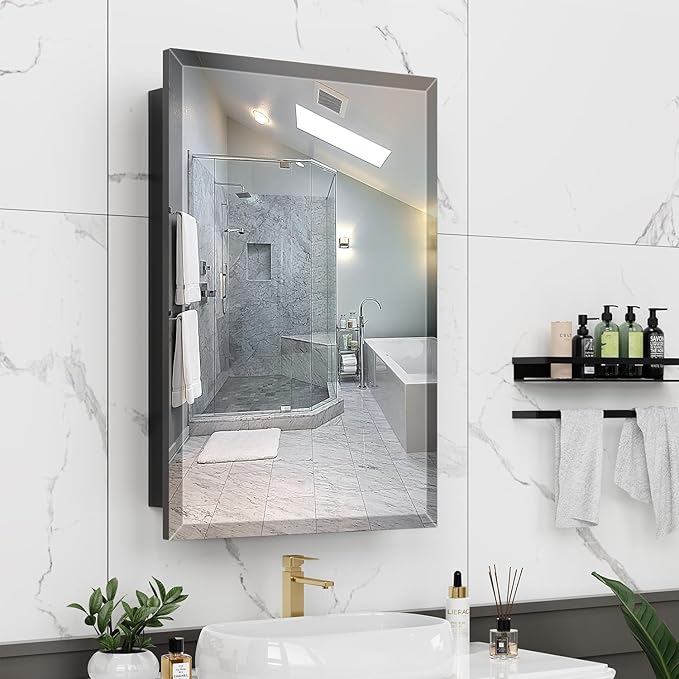 16X24 Inches Medicine Cabinet, Wall Mounted Bathroom Cabinet wirh Beveled Mirror, Recessed or Surface Medicine Cabinet with Storage