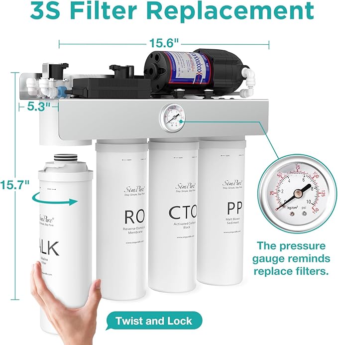 SimPure T1-400ALK Alkaline UV Reverse Osmosis System, NSF/ANSI 58 Certified, Tankless RO Water Filter System 400 GPD, pH+ Remineralization Water Filtration Under Sink, BPA Free, Built-in Pump