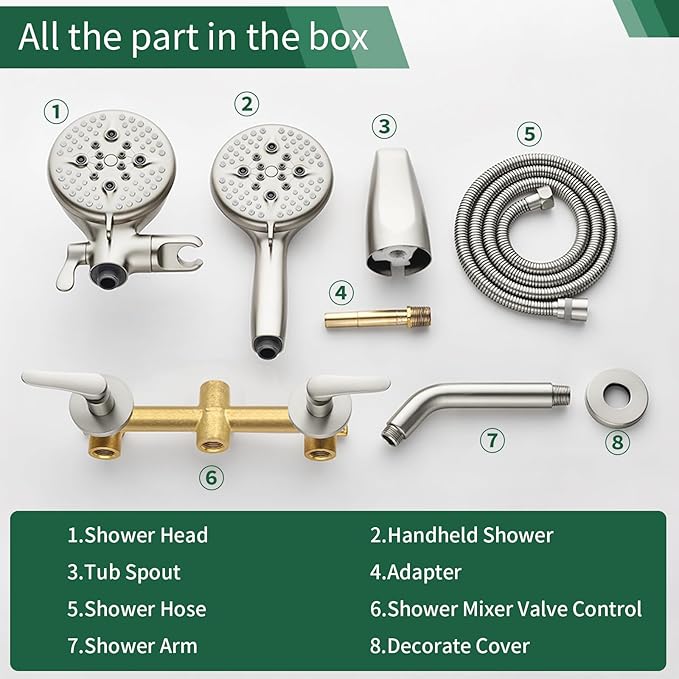 2 Handles Tub Shower Faucet Set Shower System with Tub Spout Bathtub Faucet Set Shower Tub Combo Set Complete Tub and Shower Trim Kit Brushed Nickel
