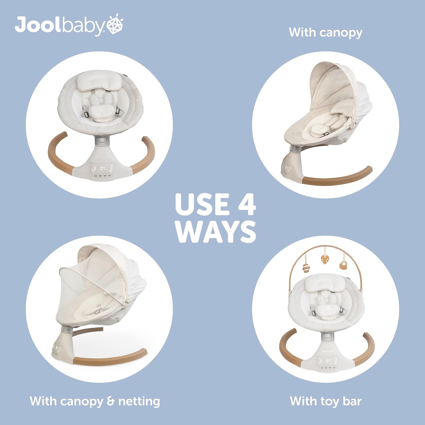 Jool Baby Nova Swing for Newborns - Electric Motorized Infant Swing, Bluetooth Music, 10 Preset Melodies, Remote (2025 Model) (Wood/Oatmeal)