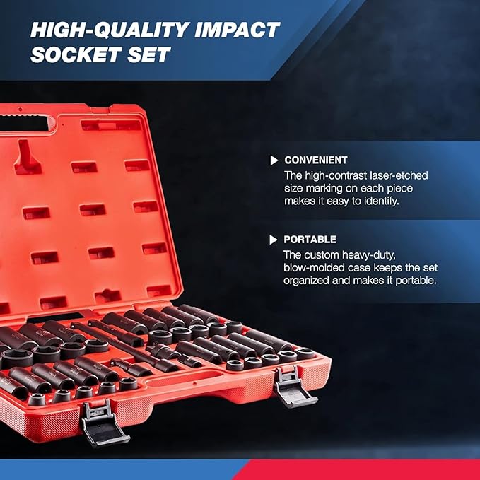 NEIKO 02330A 1/2 Impact Socket Set, 45 Piece Deep and Shallow Assortment, Metric Sizes 9mm to 32mm, Chrome Vanadium Steel, Extension Bars, Universal Joint and Adapter, 1/2" Drive Deep Well Set