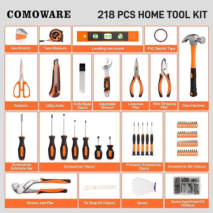 COMOWARE 218 Pcs Home Tool Kit - Basic Household Hand Tool Set, Truck Tool Kit Socket Wrench Combination Tool Set for Home with Plastic Toolbox Storage Case, Rv tool set,Orange