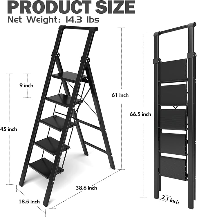 Taranta 5 Step Ladder, Liahtweight Aluminum Laddewith Handgrip, Portable Folding Stepladder with Anti-SlipPedal for Home, Ofice, Kitchen 300lbs - Black