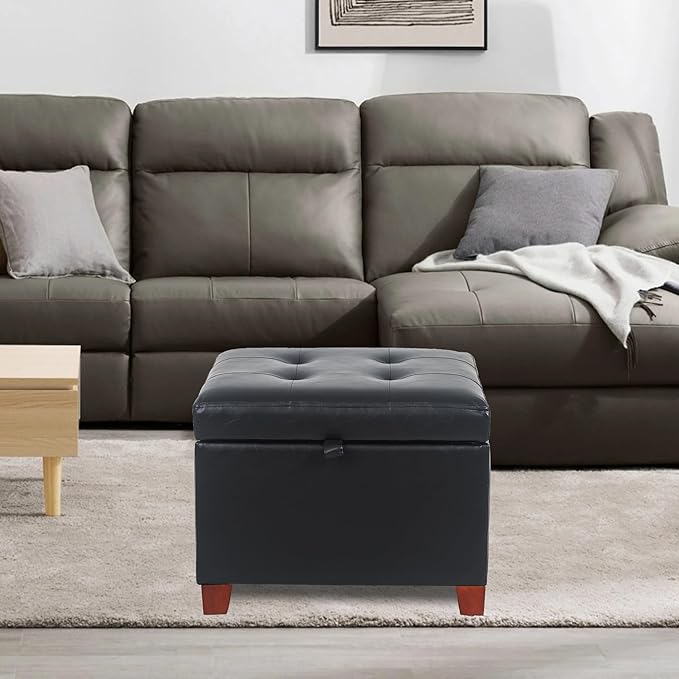 Adeco Faux Leather Storage Ottoman with Hinged Lid, 14 Inch High Black Square Cube Foot Stool with Storage, Upholstered Vanity Stool with Solid Wood Legs for Living Room, Bedroom, Dorm