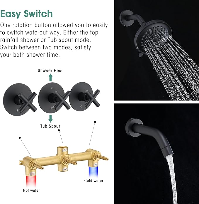 PROOX 3 Handle Tub Shower Faucet Set, 9-Setting Rainfall Shower Head with Tub and Shower Trim Kit with Rough-in Valve, Matte Black Bathtub Shower Faucets, Wall Mounted Bathroom Rain Shower System