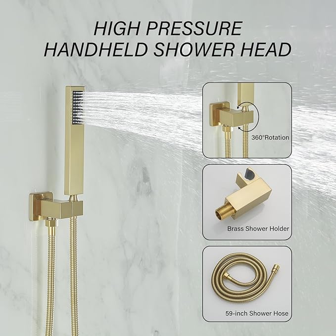 BWE Brushed Gold Shower Faucets Sets 10 Inch Square Bathroom Luxury Rain Shower Head with Handheld Spray Wall Mounted Shower System Rough-in Valve and Trim Included