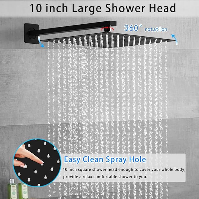 Matte Black Shower System YCAIKOI Wall Mount Shower Faucet Set for Bathroom 10 Inch High Pressure Luxury Shower Head with Handheld, Rough-in Valve Body and Trim Included