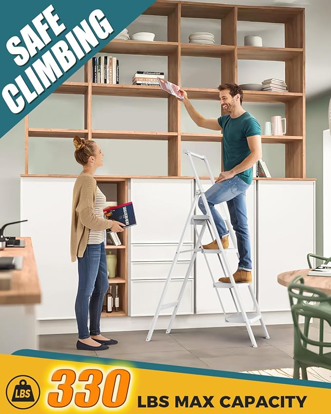 GORWARE 4 Step Ladder, Foldable Step Stools 330lbs Lightweight Sturdy Steel Ladder, Portable Folding Stepladder for Home Kitchen Office Garden, White