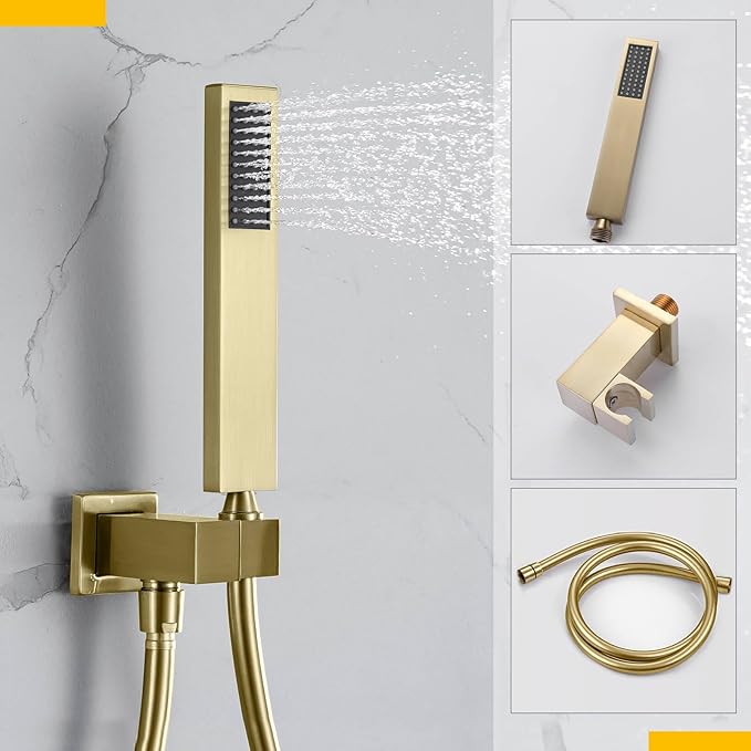 Rain Shower System with Handheld Shower, Bathroom Shower Faucet set 10 Inch Wall Mounted Bathroom Luxury Rainfall Mixer Shower Combo Set with Valve and Trim Kit, Brushed Gold