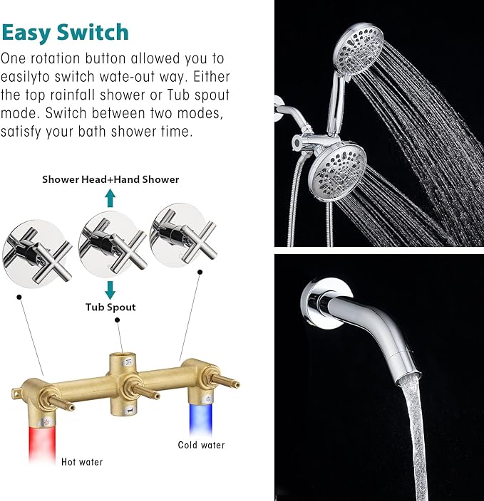 PROOX 3 Handle Tub Shower Faucet Set, Dual shower head Combo with Tub and Shower Trim Kit with Rough-in Valve, Polished Chrome Bathtub Shower Faucets, Wall Mounted Bathroom Rain Shower System