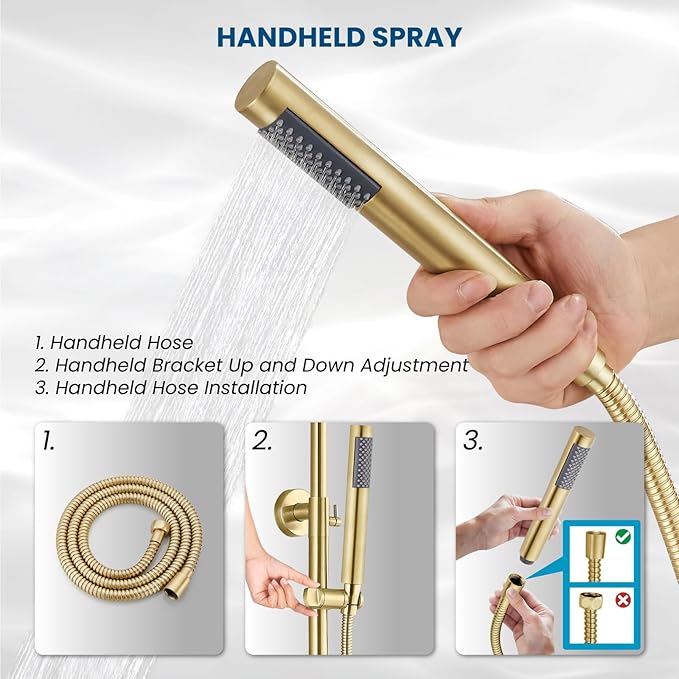 gotonovo Outdoor Shower Fixtures SUS304 Stainless Steel Rain Shower Kit Faucet High Pressure Wall Mount 2 Dual Function 8 Inch Showerhead and Handheld Spray Combo, Single Handle, Brushed Gold