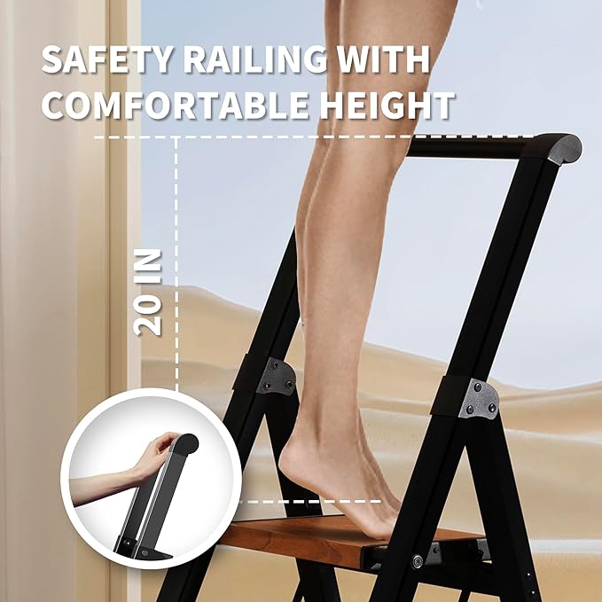 3 Step Ladder,Folding Step Stool with Aluminum Wide Pedal& Convenient Handgrip,330lbs Capacity Steel Ladder for Household and Office(Black &Woodgrain)