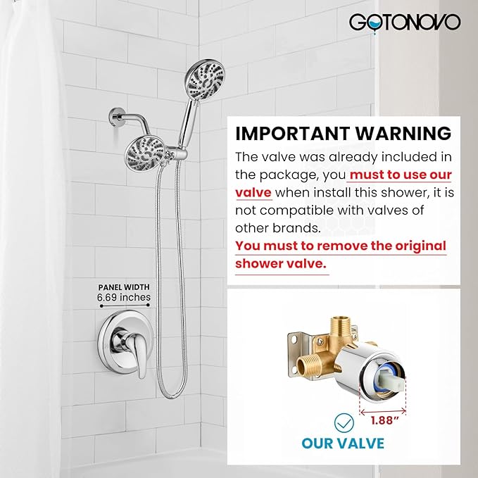 gotonovo Dual 2 in 1 Shower Head Kit High Pressure Combo System Shower Faucet 6 Modes ABS Handheld Spray Shower Trim Kit with Valve Shower Head and Handle Set Polished Chrome