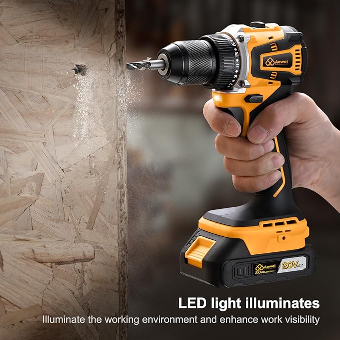 20V Brushless Cordless Lithium-Ion Drill Set, Compact Design, Yellow Rechargeable Lithium-Ion Drill Kit, including 2.0Ah Battery, Charger and 3/8-inch Keyless Chuck