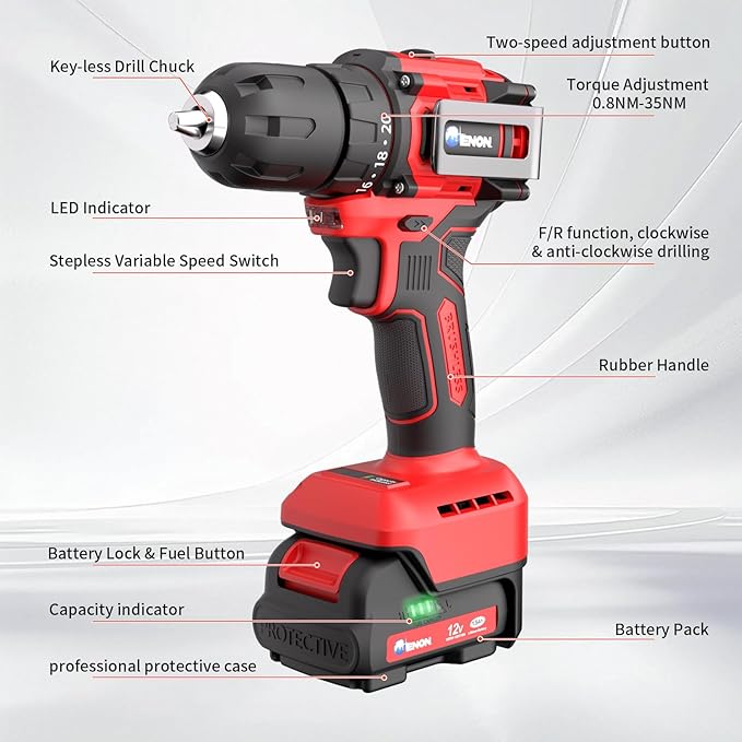 Brushless Cordless Drill Set,12V Power Drill Set with Battery and Charger, Electric Driver/Drill Bits, 3/8'' Keyless Chuck,20+1 Torque Setting, 300 inch-lbs, with LED Electric Drill Set (Red)